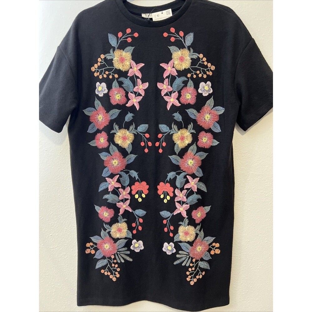 Zara Trafaluc Dress S Womens Black Floral Mini Shift Short Sleeve Sweater NWT - Picture 5 of 13